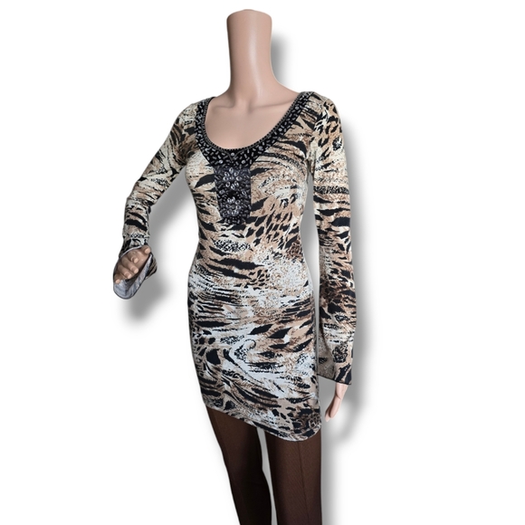 HEARTBEAT Women's Multicolored Animal Print Rhinestone Embellishment Tunic Dress - Picture 2 of 16